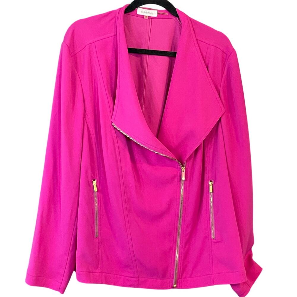 Calvin Klein Moto Ponte Blazer Jacket Hot Pink Gold Zip Stretch Women 2X - Picture 2 of 7